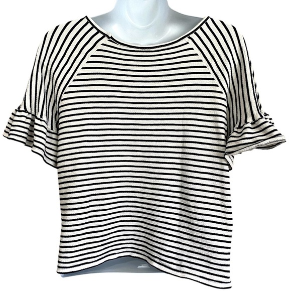 Max Studio London White Black Stripe Flutter Short Sleeve Top Blouse Size Medium - Picture 4 of 12